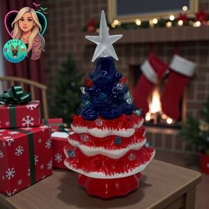 Ceramic Light Up Patriotic Christmas Star Spangled LED Tree Tabletop Decor USA